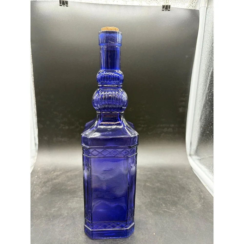 Cobalt Blue Glass Decanter Bottle Embossed Gothic Arch Square Base with Cork